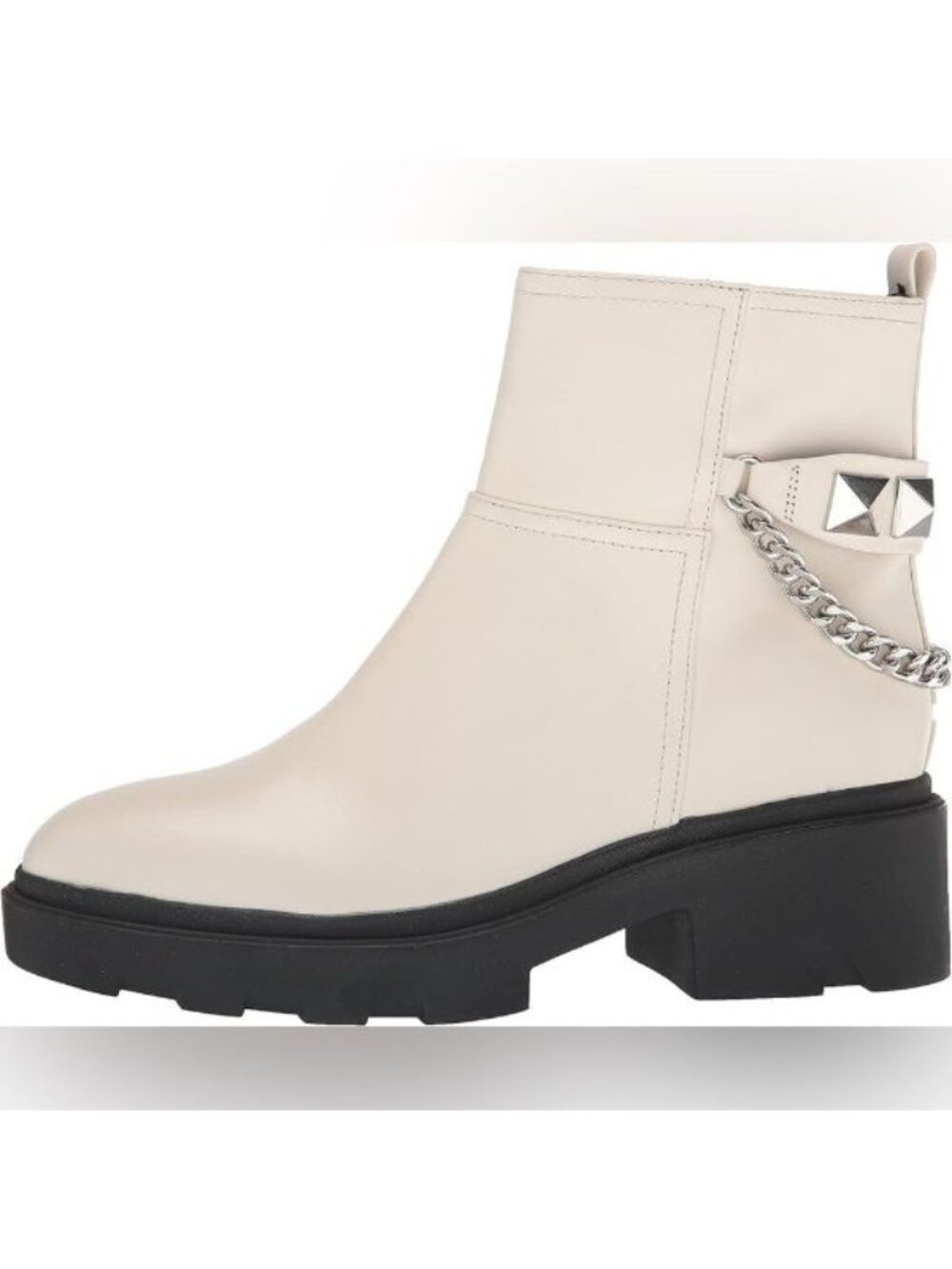 Marc Fisher Waty White Leather Combat/Chelsea Boots + Chain/Studs Accents Sz 11M